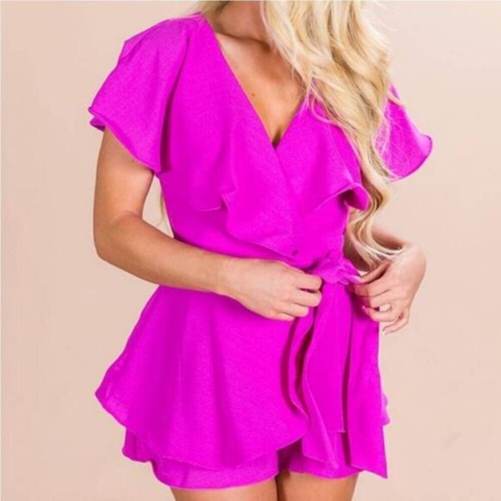 DO + Be Hot Pink Ruffle Wrap Romper Size Small